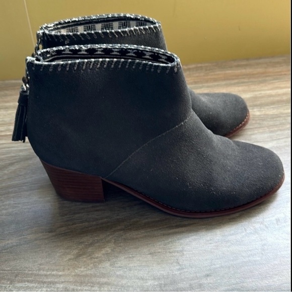 Toms Shoes - Toms grey suede 2.5” heeled booties with zip closure at back heel. Size 8.5